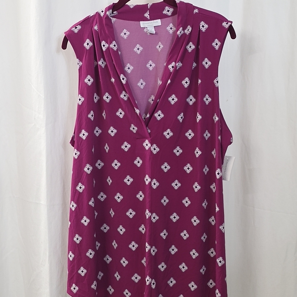 Charter Club 2x Sleeveless Liquid Knit Magenta Pink Medallion Dot V Neck Top